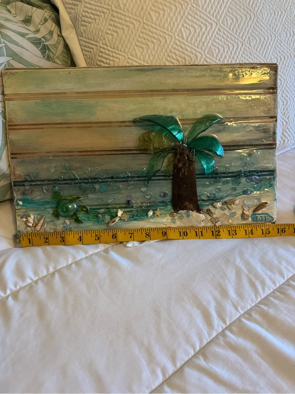 Handcrafted Beach Glass Palm Wall Art - Teal & Brown